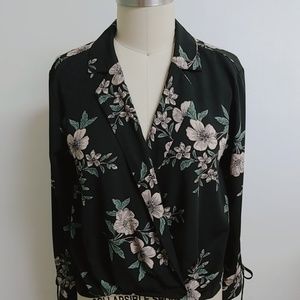 Floral Pleated Sleeve Wrap Blouse
